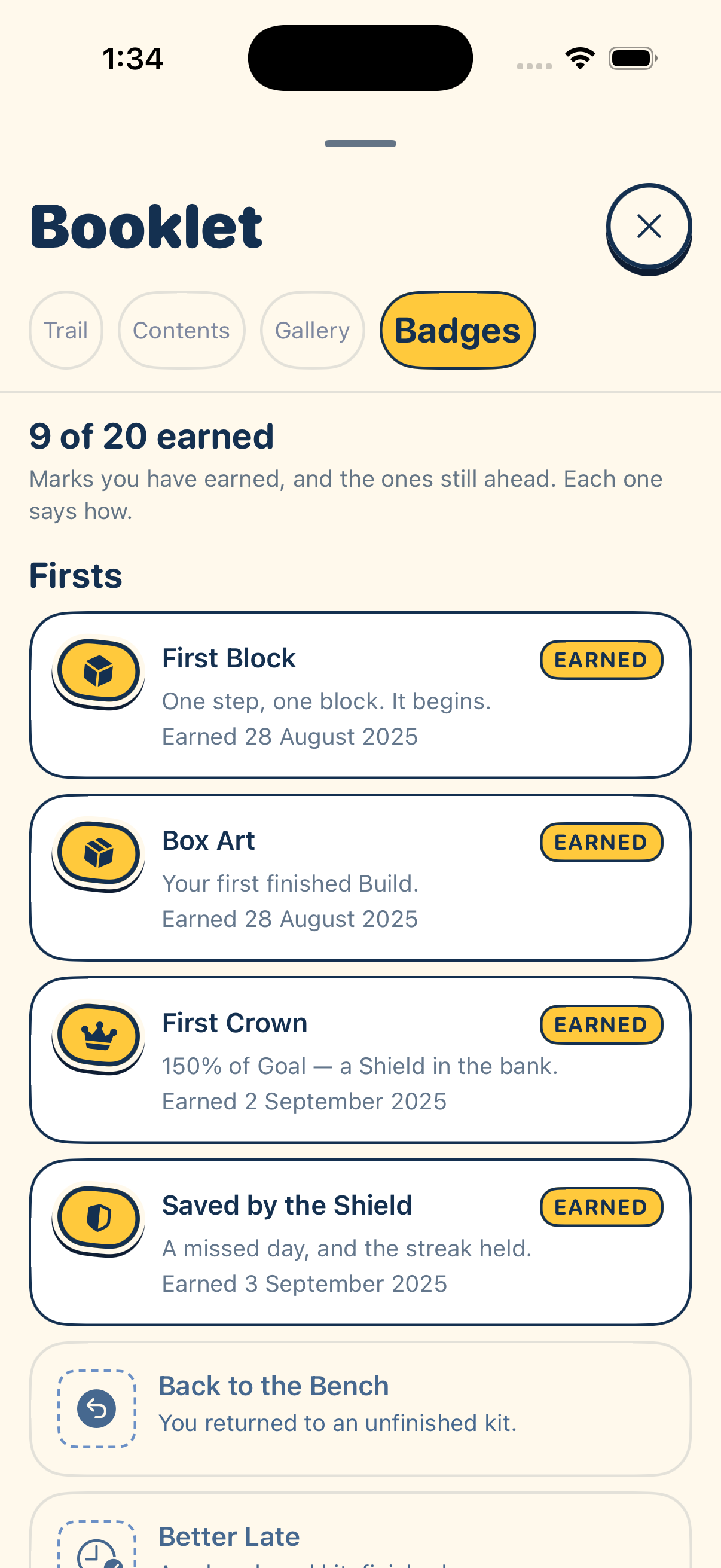 Earned and locked badges on the BlockStep Badges shelf