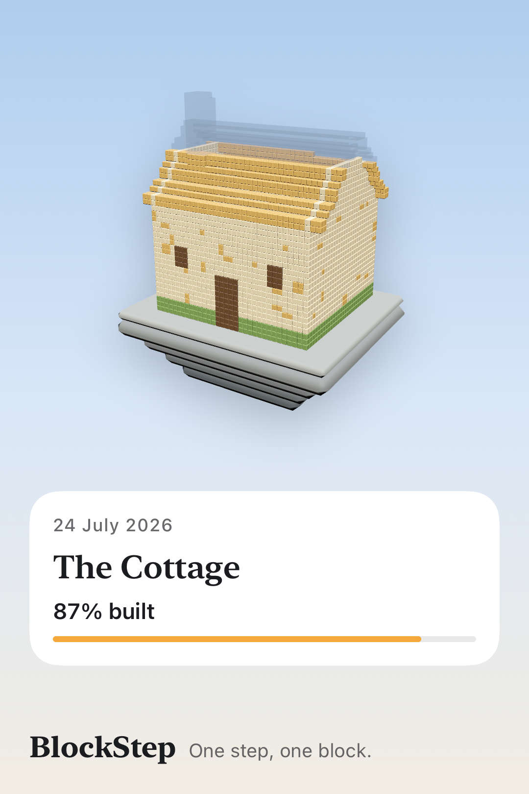 A BlockStep share card with the Build, date and honest completion