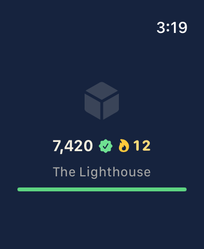 The BlockStep watch app: 7,420 steps, the Goal met and a twelve-day streak on The Lighthouse
